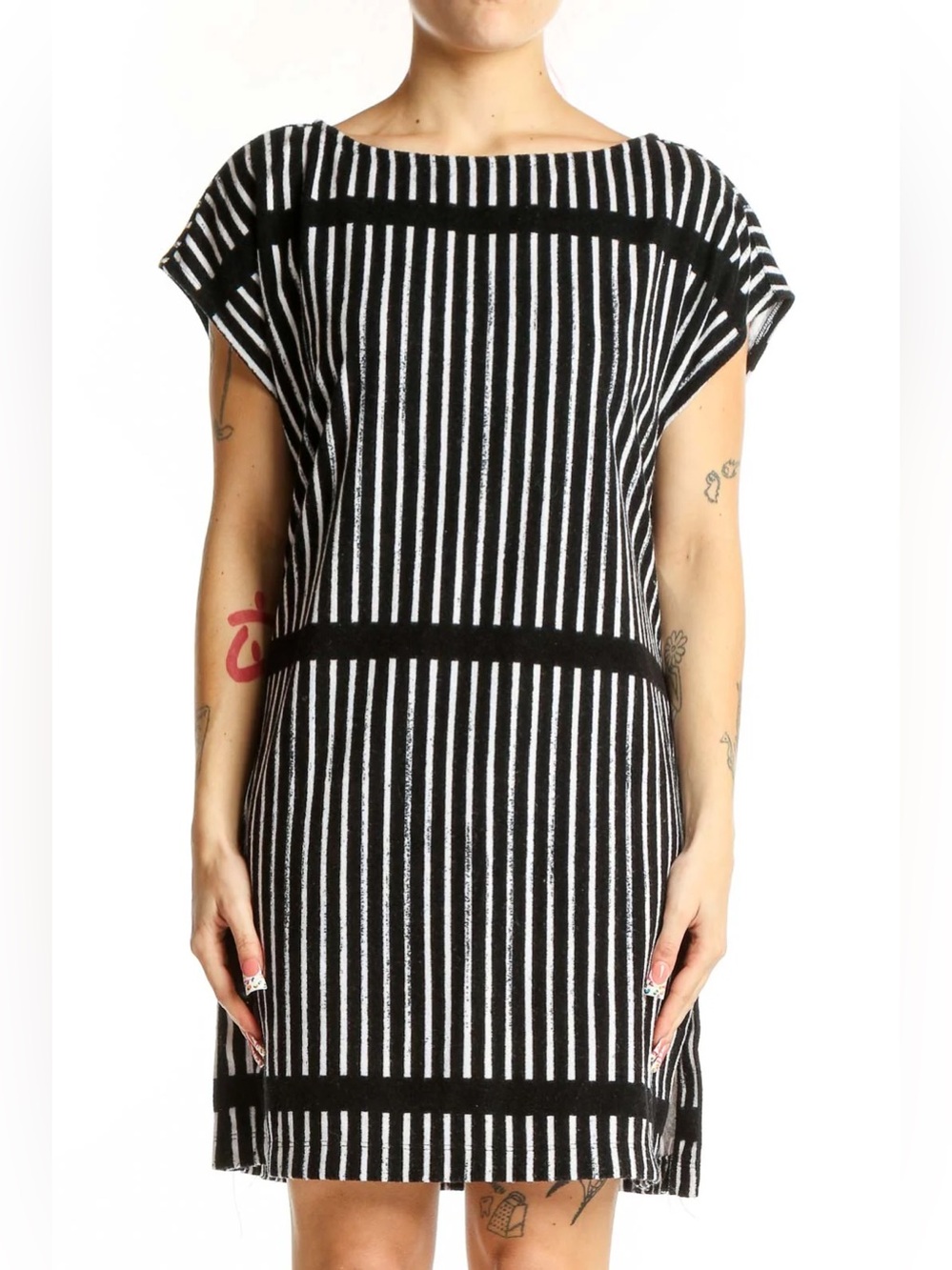 Striped Black & White Knit Swim Coverup Dress